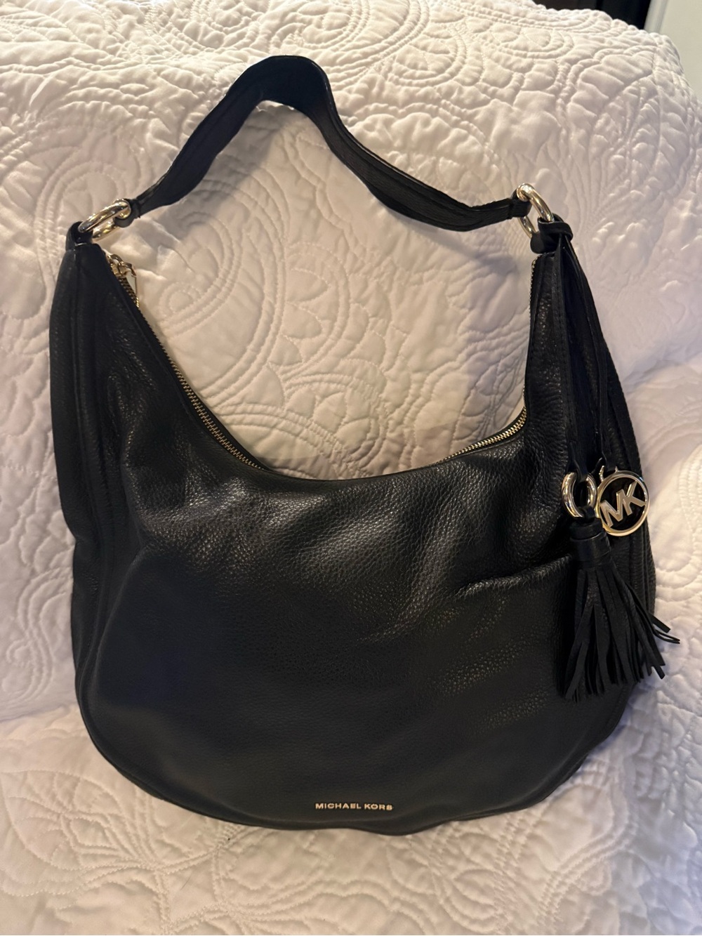 Michael Kors Black Leather Shoulder Hobo with Tassel Charm